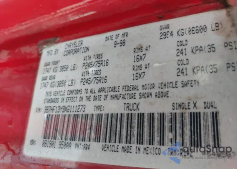 1999 Dodge Ram 1500 St from USA, damaged, VIN 3B7HF13Y9XG111273